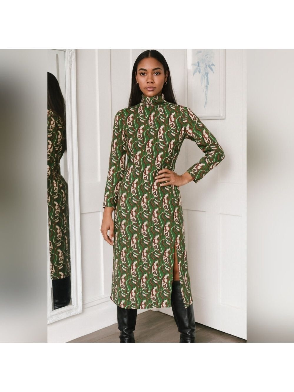Zara Long Sleeve Mod Style Green Retro Print Side Slit 💚 XS